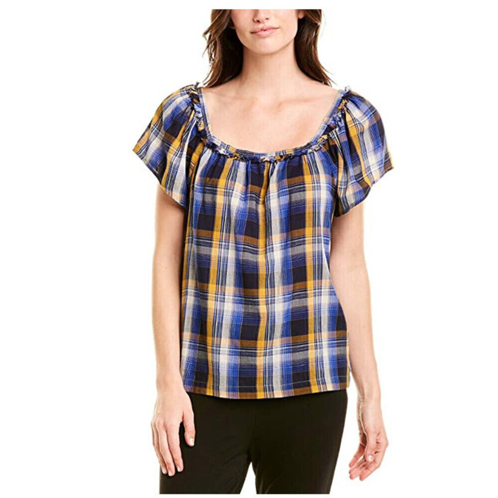 VINCE CAMUTO Sunset Plaid Square-neck Blouse In Electric Blue $69 size M